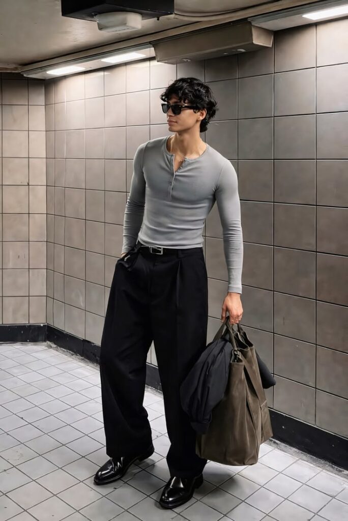 grey henley shirt & wide leg trousers minimalist urban streetwear outfit inspo
